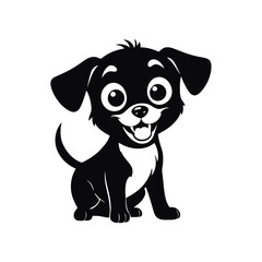 A minimalistic black and white vector illustration of a baby dog with a joyful grin, looking full of life on a white background