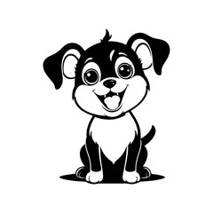 A black and white vector silhouette of a baby dog with a happy face, ears flopping as it plays on a white background
