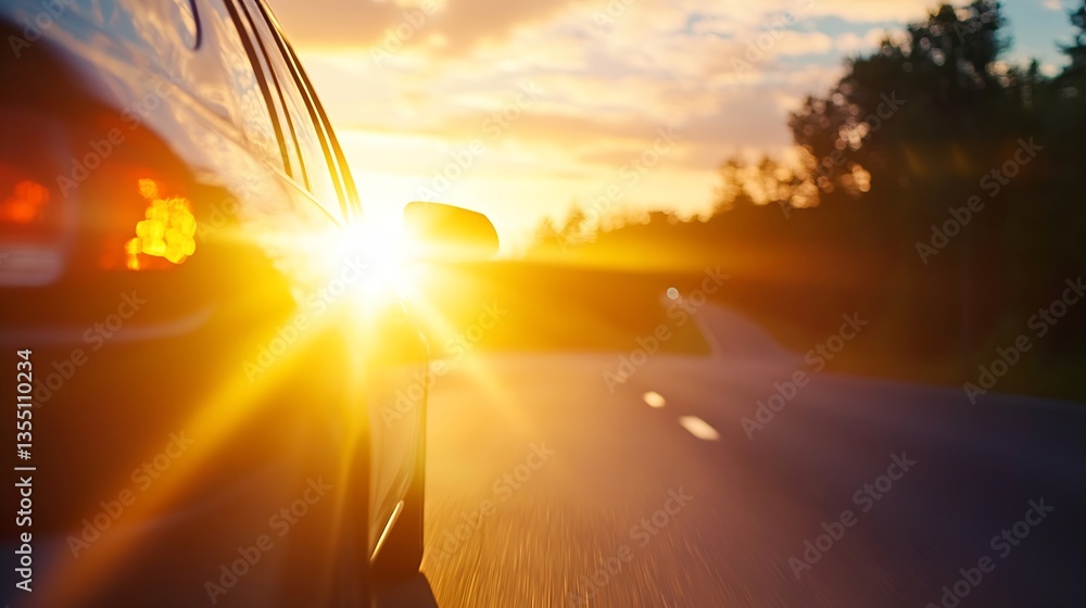 Poster beautiful sunset scenery from the perspective of a moving car showcasing sun rays and open road : ge