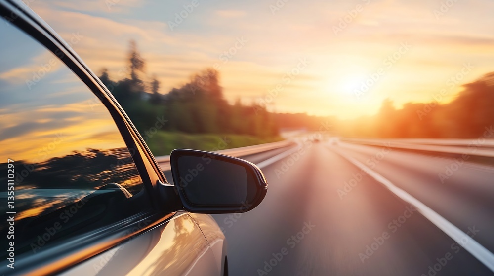 Poster captivating view from a car window as it speeds along a highway at sunset evoking feelings of freedo