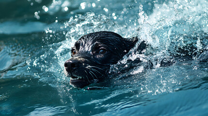 Obraz premium A sleek black dog powerfully swims through the water