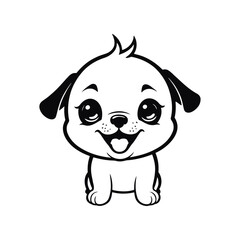 A black and white vector silhouette of a joyful baby dog jumping with excitement, its tiny paws lifted on a white background
