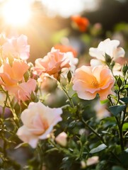 Beautiful blooming roses in a garden illuminated by soft sunlight capturing nature's elegance : Generative AI