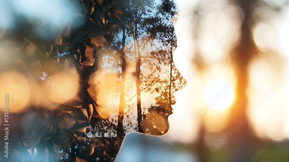 Poster profile silhouette of a woman overlaid with vibrant trees at sunset creating a serene double exposur