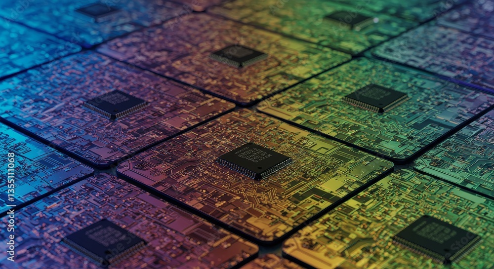 Poster microchip innovation rainbow array - advanced technology, silicon wafers, integrated circuits, elect