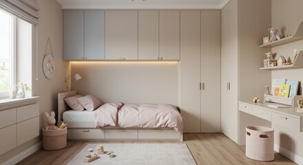 Minimalist Kids Bedroom Design with Pastel Tones - Serene kids' room, soft pastel colors, built-in storage, spacious layout, simple design. Symbolizing calm, growth, organization, creativity