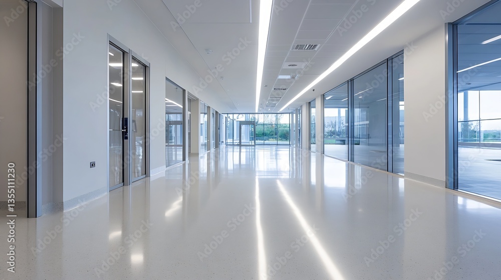 Poster modern and spacious hallway in an office building featuring sleek architecture and natural light : g