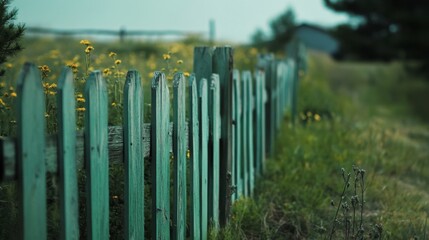 Rustic Green Fence Surrounded by Wildflowers in Serene Landscape