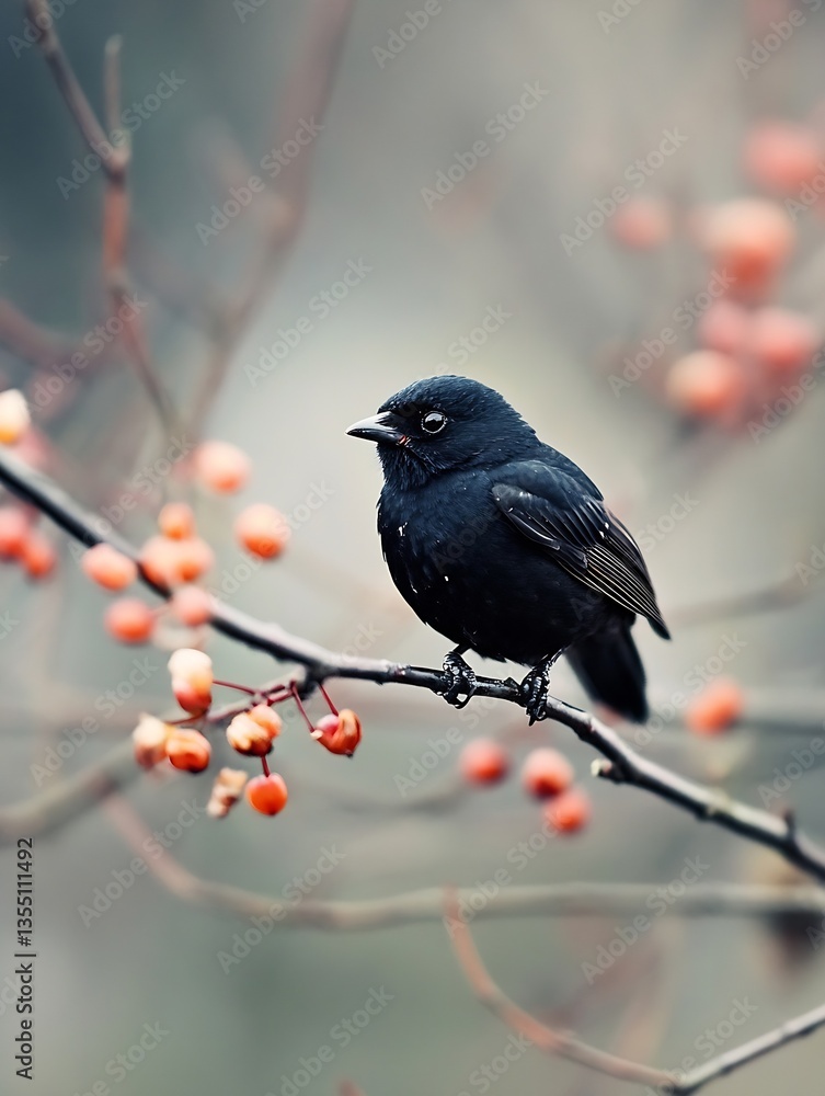Poster Black bird perched on a branch with colorful berries against a soft blurred background in nature : Generative AI