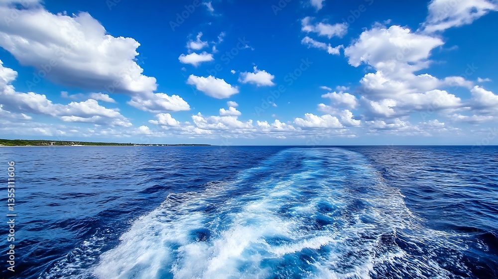 Poster scenic view of ocean waves under a bright blue sky with fluffy clouds in a serene beach landscape : 