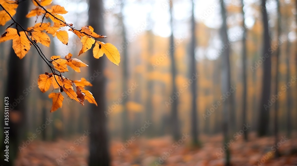 Poster stunning autumn forest scene with vibrant orange leaves amid tall trees in a tranquil setting : gene