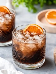 Refreshing glass of iced beverage with orange slice on top for summer drinks and cocktail recipes : Generative AI
