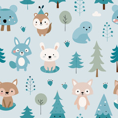 Cute woodland animals repeat pattern.