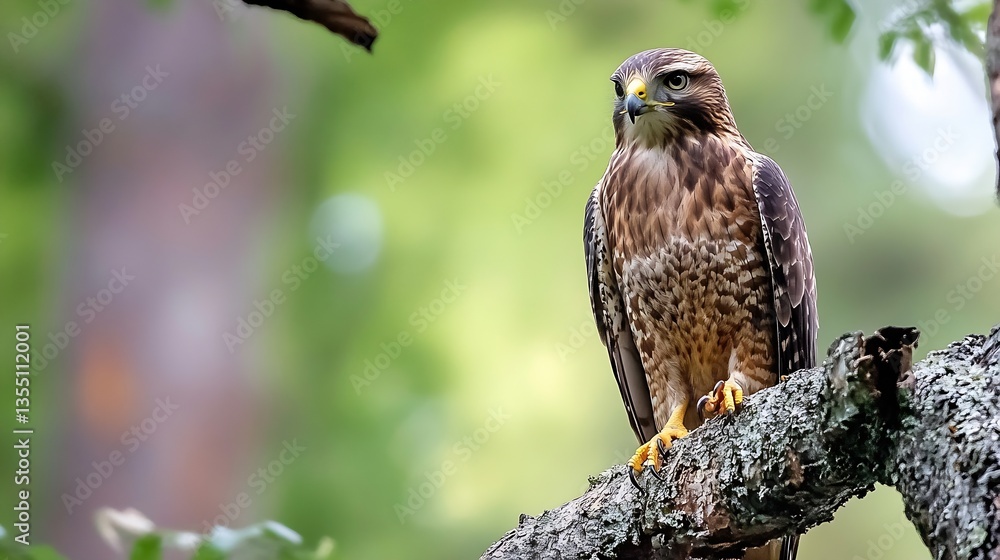 Poster majestic hawk standing proudly on a tree branch surrounded by lush greenery : generative ai