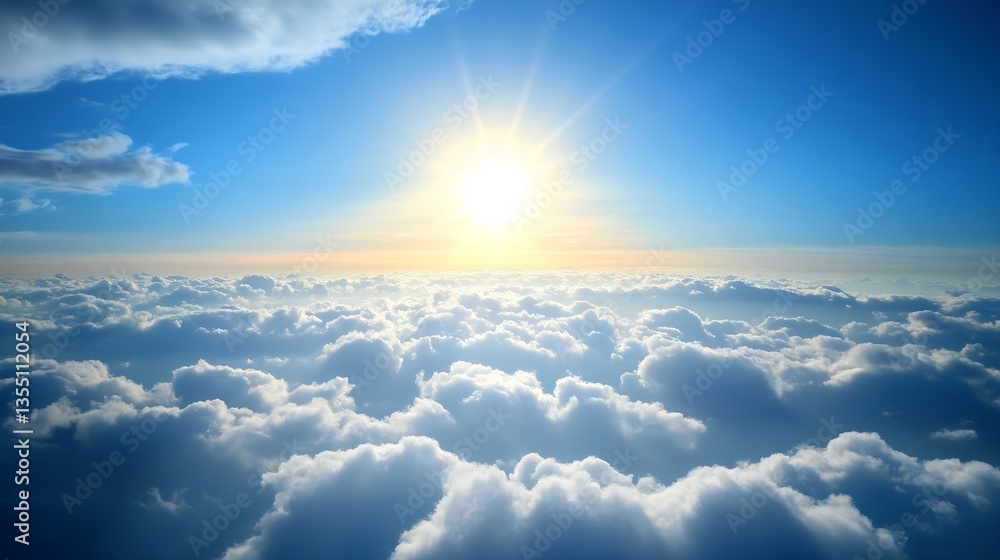 Poster breathtaking view of the sky filled with fluffy clouds and the sun shining brightly in a clear blue 