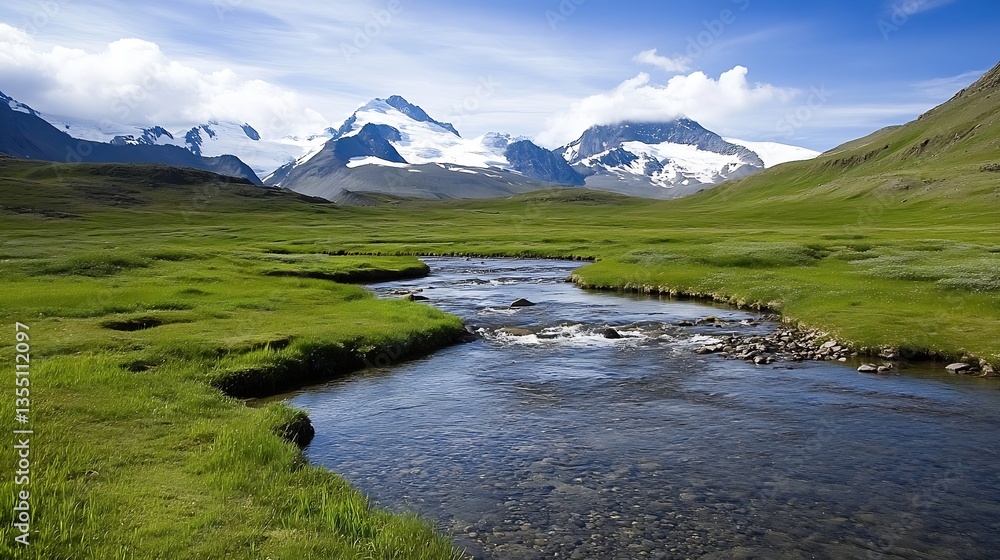 Poster crystal clear stream flowing through lush green valley with majestic snowcapped mountains in backgro