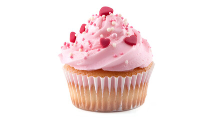 A pink cupcake with pink frosting and pink sprinkles on top