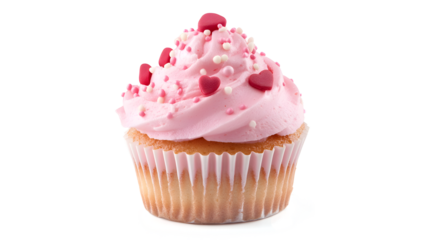 A pink cupcake with pink frosting and pink sprinkles on top