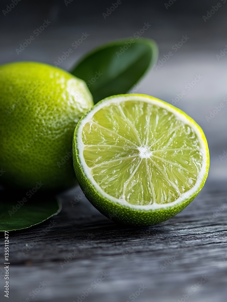 Aufkleber freshly cut lime halves with vibrant green color set against a wooden background representing freshn