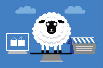 A fluffy sheep wearing glasses expertly manages an online retail store, overseeing sales and inventory.  Humorous depiction of e-commerce.