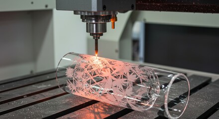 Modern Glassware Engraving: Precision and Design - CNC machine engraving intricate floral patterns onto cylindrical glassware. Symbolizing artistry, technology, precision, craftsmanship, and elegance