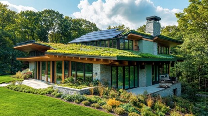 Obraz premium Modern Eco-Friendly House with Green Roof and Scenic Landscape View