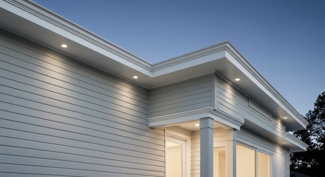 Modern House Exterior with Clean White Trim - Clean lines, modern architecture, white soffit and fascia, nighttime ambiance, exterior lighting. Symbolizing: modernity, elegance, sophistication