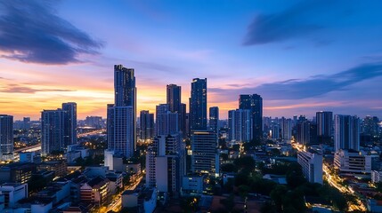 Obraz premium Stunning city skyline at dusk with skyscrapers glowing under a beautiful sunset : Generative AI