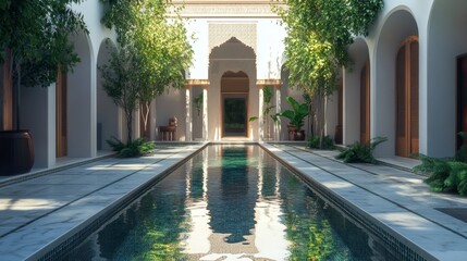 Tranquil Reflection in Serene Courtyard with Lush Greenery