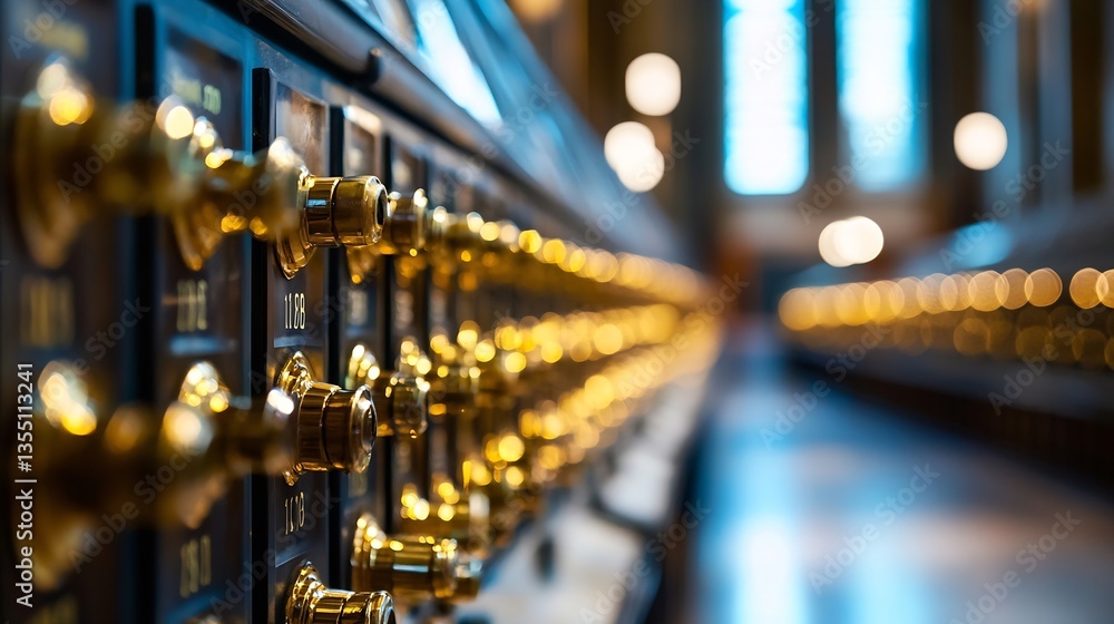 Poster golden knobs and dials in a vintage library setting with warm lighting : generative ai