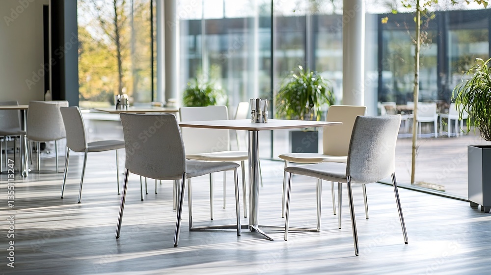 Poster modern and stylish empty restaurant interior with minimalist furniture and large windows : generativ