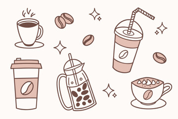 44 Coffee icons, cute beverage illustrations, pastel colors, flat design, various coffee drinks, latte art, bubble tea, to-go cup, coffee beans jar, frappuccino, espresso shot, cappuccino, minimalist 