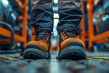 Close up of safety working shoe on worker feet standing in factory