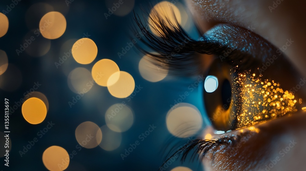 Leinwandbilder close up of a human eye reflecting golden bokeh lights creating a mesmerizing and artistic visual : 