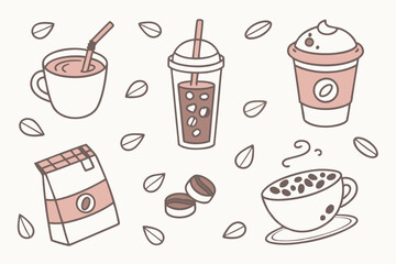 44 Coffee icons, cute beverage illustrations, pastel colors, flat design, various coffee drinks, latte art, bubble tea, to-go cup, coffee beans jar, frappuccino, espresso shot, cappuccino, minimalist 