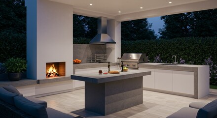 Modern Outdoor Kitchen Design - Elegant outdoor kitchen with built-in grill, fireplace, and ample counter space. Perfect for entertaining