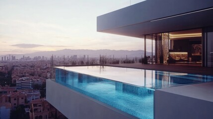 Obraz premium Modern luxury villa with infinity pool and stunning city view