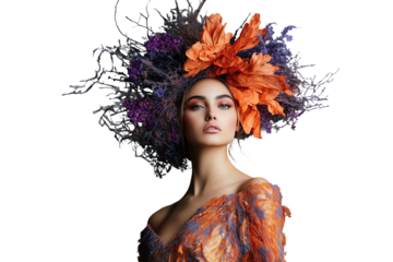 Frau mit extravagantem Blumenkopfschmuck und kunstvollem Kleid PNG mit transparentem Hintergrund

