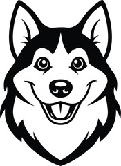 Smiling Husky Head Vector Black and White Dog Logo Clipart