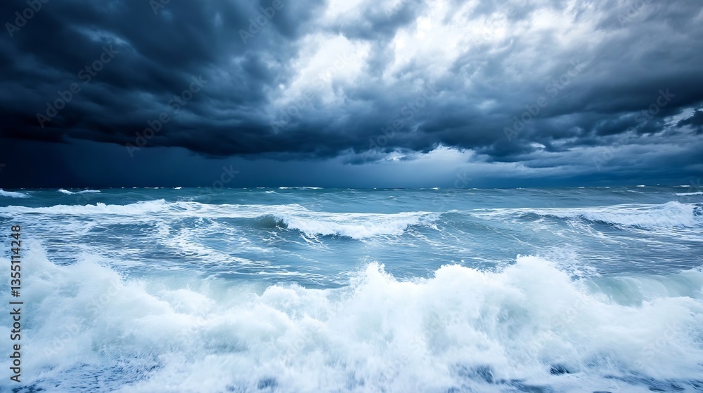 Poster dramatic ocean waves crashing against rocks under dark stormy clouds creating a powerful seascape : 