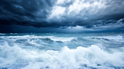 Obraz premium Dramatic ocean waves crashing against rocks under dark stormy clouds creating a powerful seascape : Generative AI