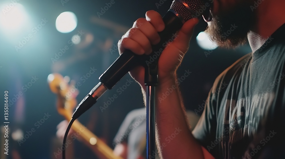 Poster passionate singer performing live on stage with microphone in hand and bright lights surrounding : g