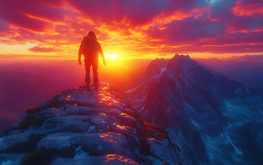 Obraz premium Adventurer standing on a mountain peak during a stunning sunset