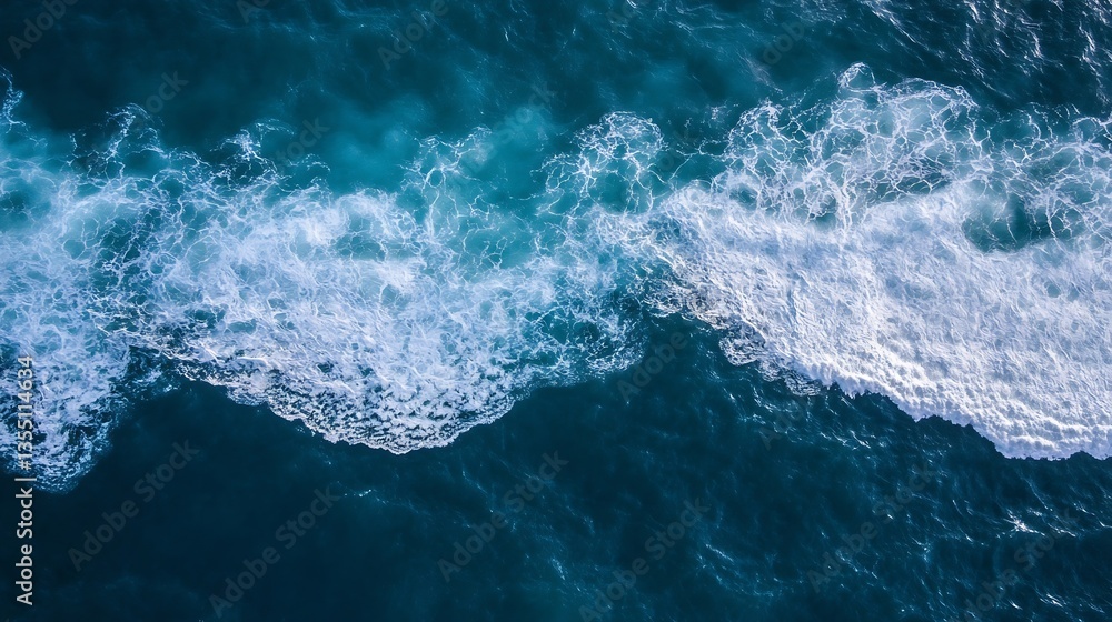 Poster aerial view of ocean waves crashing on a sandy beach illuminated by sunlight on a bright day : gener