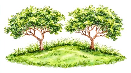 Pair of Lush Green Trees on a Grassy Hill Surrounded by Nature in a Serene Landscape