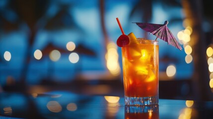 Food & Drinks Close-up of a tropical cocktail with a mini umbrella and fresh fruit garnish placed on a beach bar counter with blurred palm trees refreshing summer theme free space