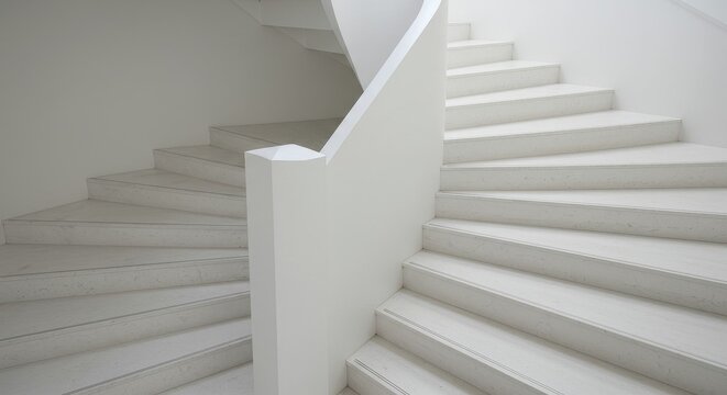 Modern White Marble Staircase Design - Elegant, minimalist, clean, ascension, architectural. Symbolizing progress, growth, ambition, achievement, and sophistication