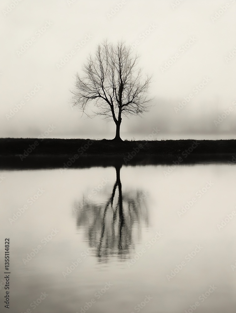 Aufkleber Eerie fog enveloping a lone tree reflecting on calm waters creating a hauntingly beautiful atmosphere : Generative AI
