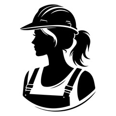 Black and white silhouette of a construction worker's girl on a white background. Vector graphics. EPS.