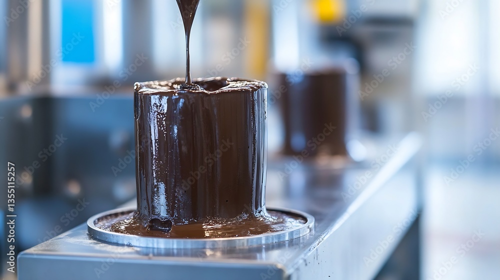 Poster rich molten chocolate flowing smoothly from a machine into a round mold ready for desserts : generat